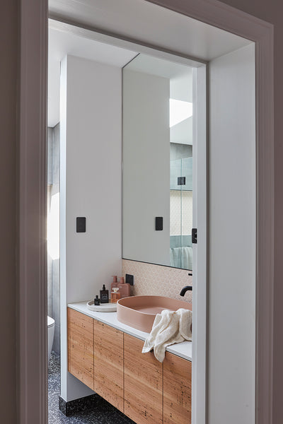 Glen Iris ensuite featuring Nood Co. Pill Basin in Blush Pink with exposed brick and blush tile splashback.